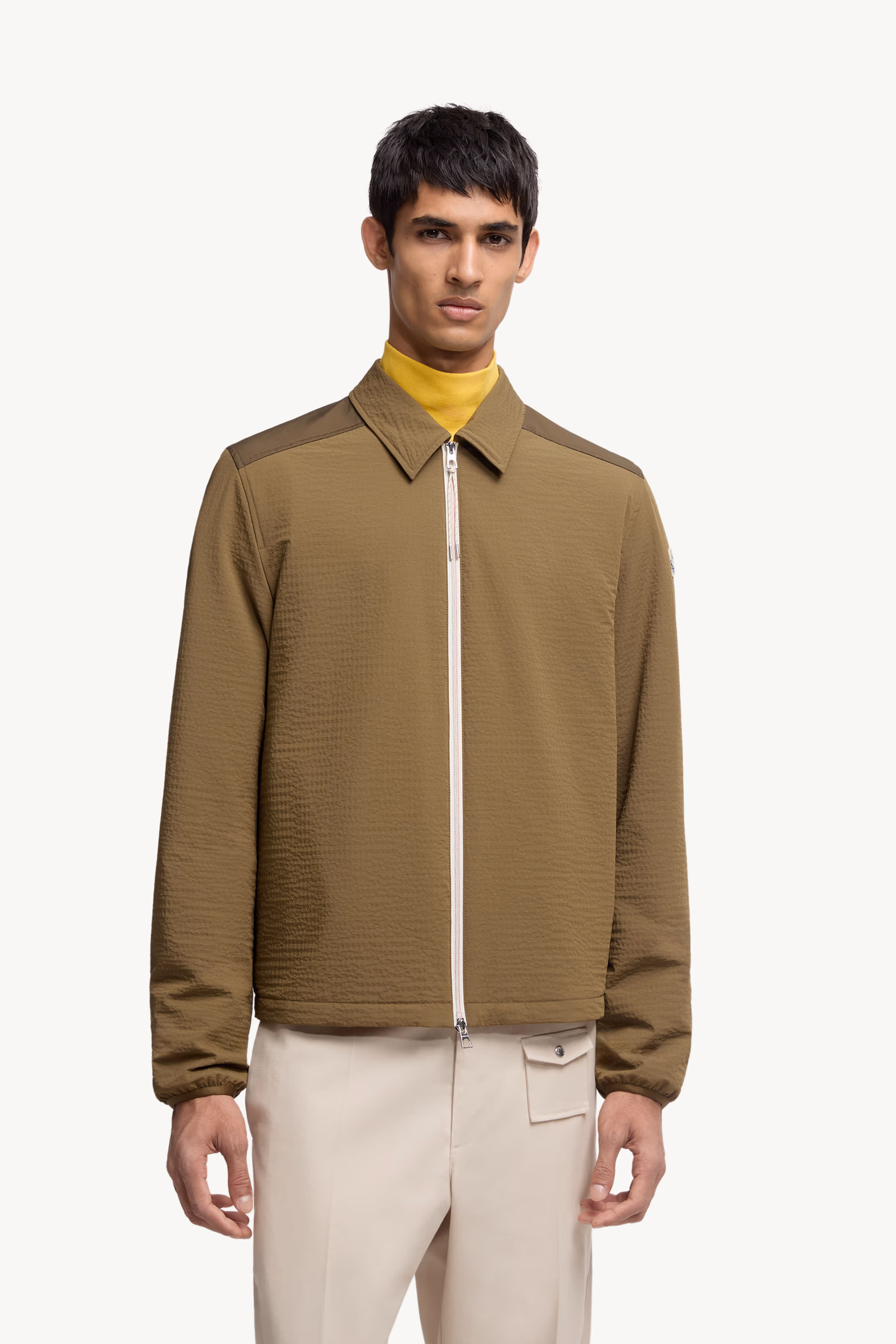 Padded Seersucker Zip-Up Shirt Men Olive Green Moncler 3